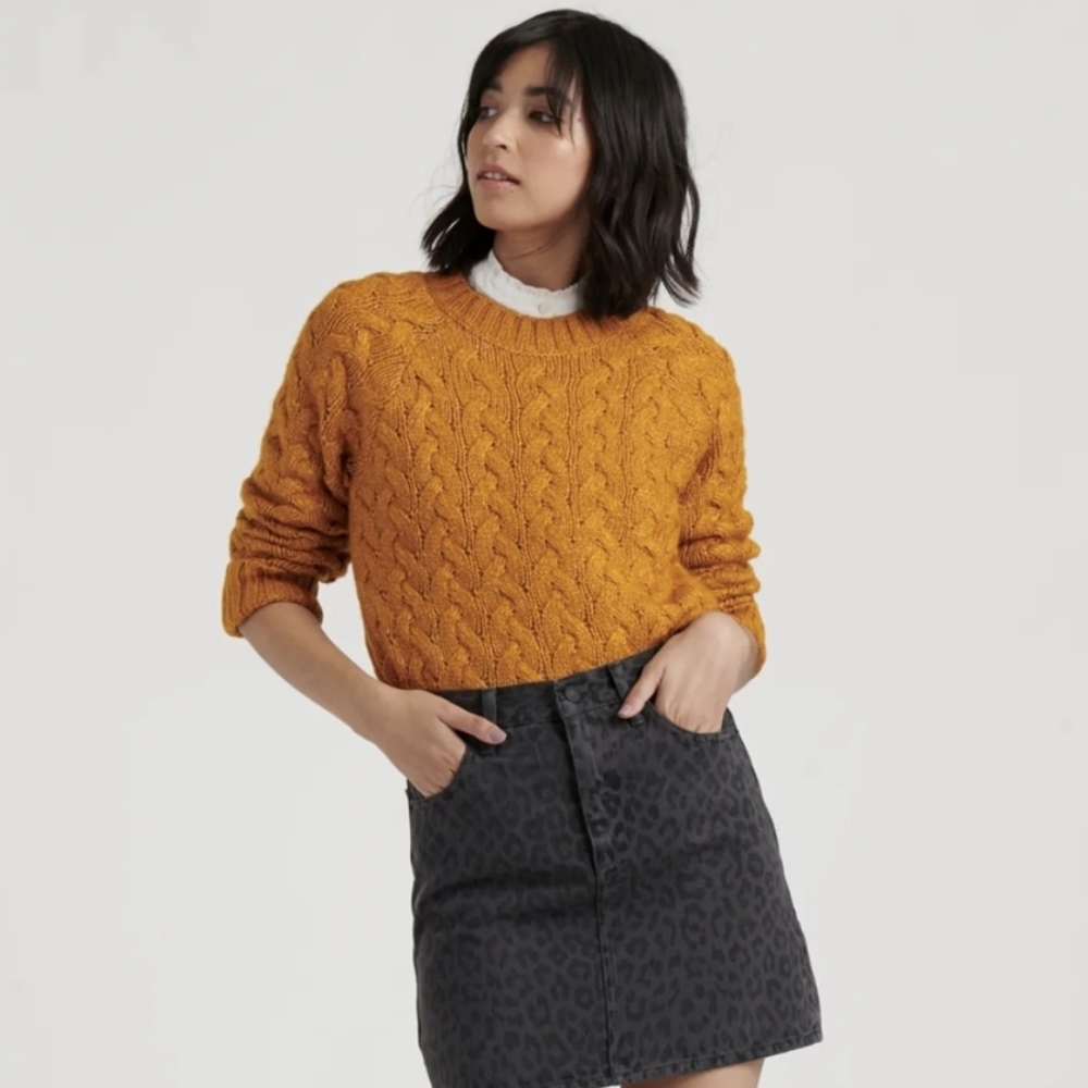 New Lucky Brand Quinn Cable Knit Cotton Blend Mustard Yellow Medium Sweater